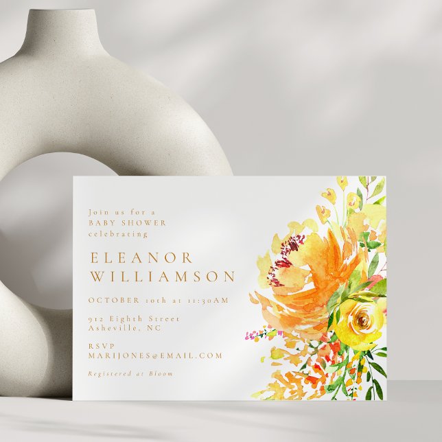 Convites Chá de Bebê Floral em Aquarela Amarela Elegante (Criador carregado)