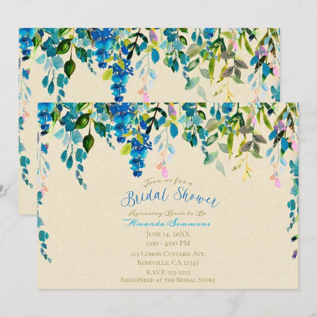 Convites Chá de Bebê Floral em Aquarela Azul Creme (Frente/Verso)