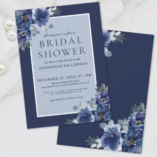 Convites Chá de Bebê Floral em Aquarela Azul Elegante