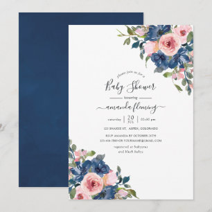 Convites Chá de Bebê Floral em Aquarela Azul Marinho e Rosa