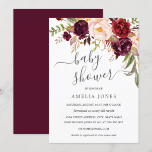 Convites Chá de Bebê Floral em Aquarela Burgundy Moderno