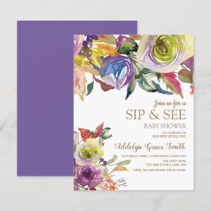 Convites Chá de Bebê Floral em Aquarela Dourado Roxo