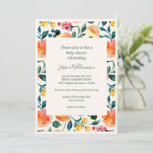 Convites Chá de Bebê Floral em Aquarela Laranja Pêssego Pri