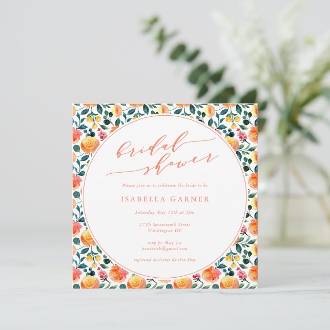 Convites Chá de Bebê Floral em Aquarela Laranja Rústica (Em pé/Frente)