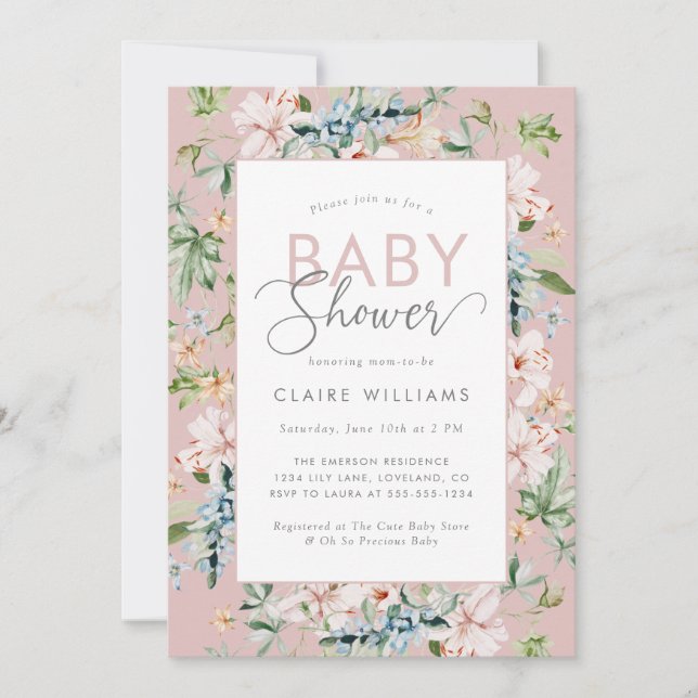 Convites Chá de Bebê Floral em Aquarela Rosa (Frente)