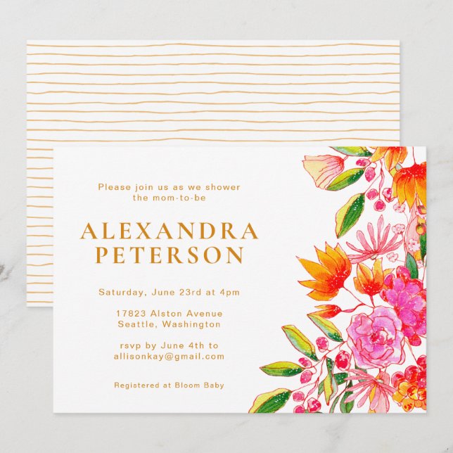 Convites Chá de Bebê Floral em Aquarela Rosa e Laranja (Frente/Verso)