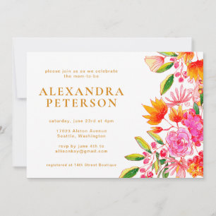 Convites Chá de Bebê Floral em Aquarela Rosa e Laranja