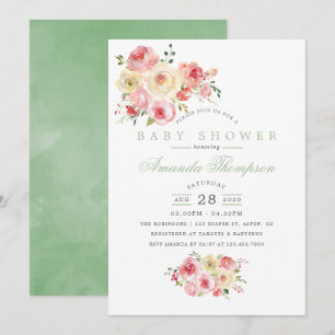Convites Chá de Bebê Floral em Aquarela Rosa e Sage