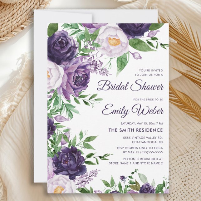 Convites Chá de Bebê Floral em Aquarela Roxa Lavanda (Elegant purple and lavender floral bridal shower invitation)