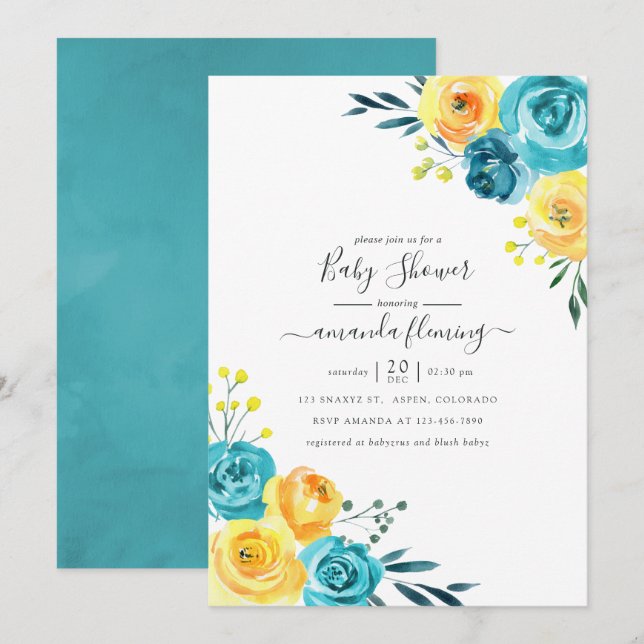 Convites Chá de Bebê Floral em Aquarela Turquesa e Amarelo (Frente/Verso)