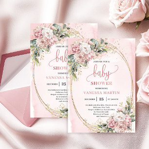 Convites Chá de Bebê Floral em Rosa Dourado Feminino 