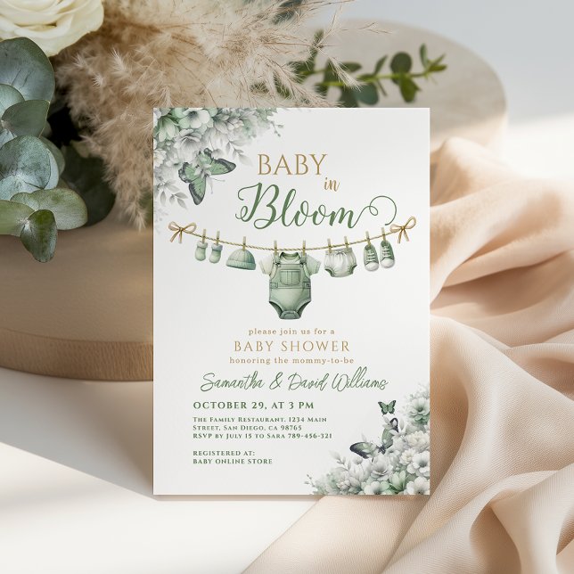 Convites Chá de Bebê Floral em Verde Sage Baby in Bloom (Criador carregado)