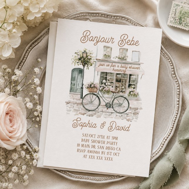 Convites Chá de Bebê Floral Francês Bonjour Bebe (Criador carregado)