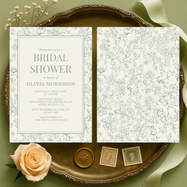 Convites Chá de Bebê Floral Francês Verde Sage Marfim (Criador carregado)