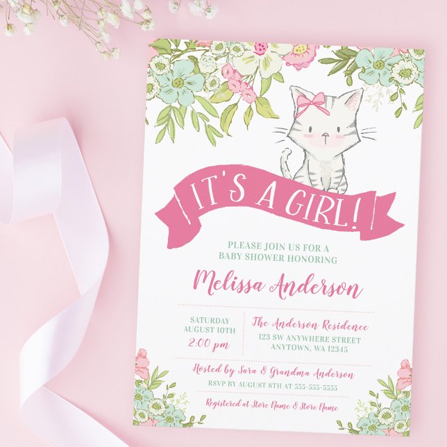 Convites Chá de Bebê Floral Kitty Girl (Criador carregado)