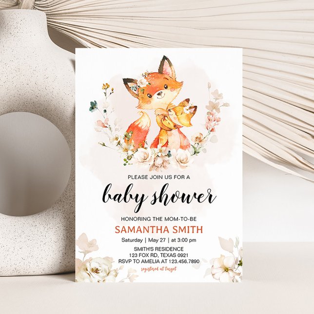Convites Chá de Bebê Floral Laranja Raposa  (Fox Baby Shower Invitation)