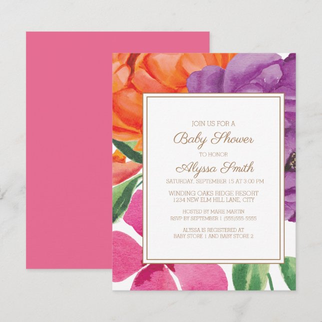 Convites Chá de Bebê Floral Laranja Roxo Rosa (Frente/Verso)