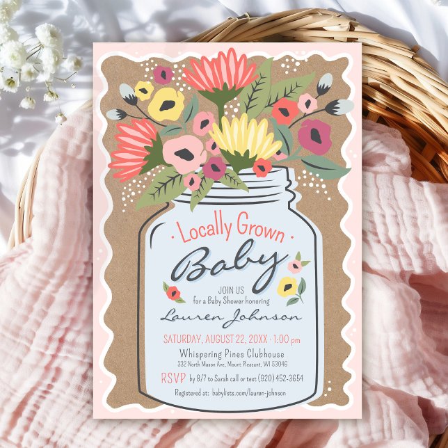 Convites Chá de Bebê Floral Mercado de Agricultores Local (Cute pink locally grown baby farmers market rustic kraft mason jar flowers girl shower invitation)