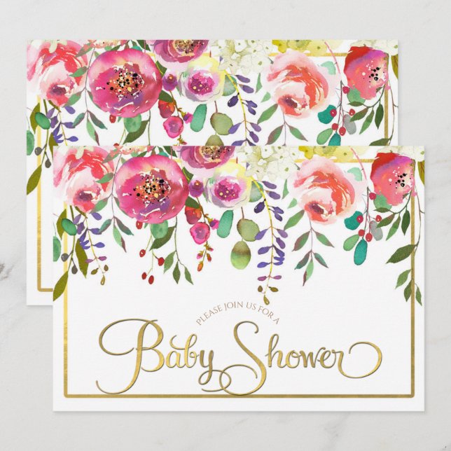Convites Chá de Bebê Floral Moderno Aquarela (Frente/Verso)