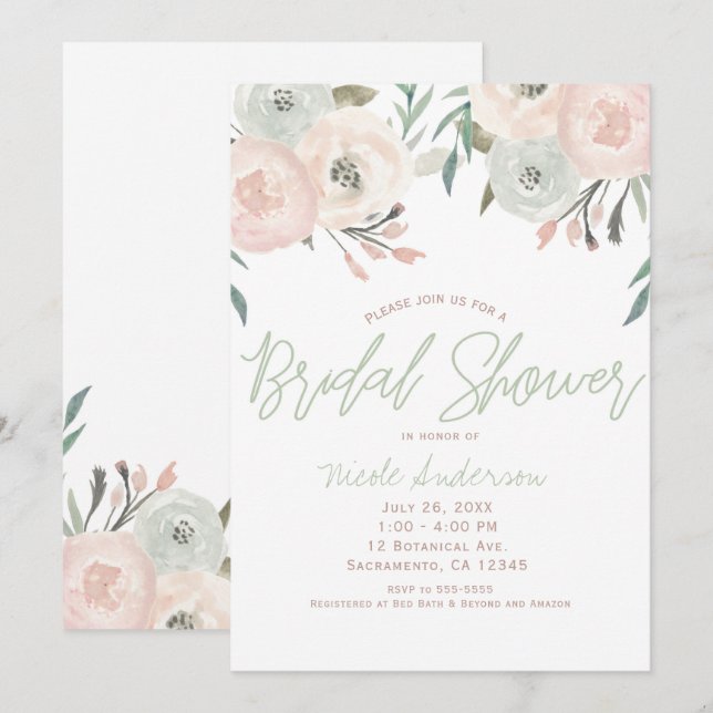 Convites Chá de Bebê Floral Moderno Verde Rosa e Hortelã (Frente/Verso)