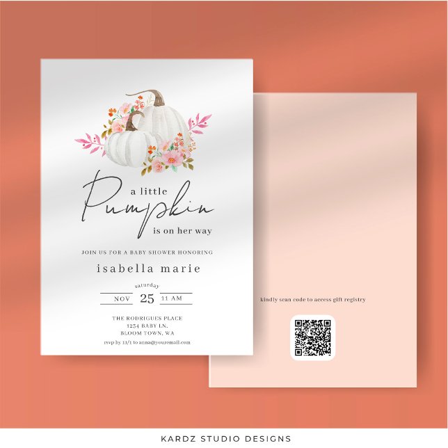 Convites Chá de Bebê Floral Pequena Abóbora (Front and back of invitation shown in 5 x 7 in. Select corner and paper style before checkout.)