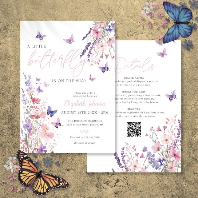 Convites Chá de Bebê Floral Pequena Borboleta Tudo em Um (A Little Butterfly Floral Baby Shower All In One Invitation)