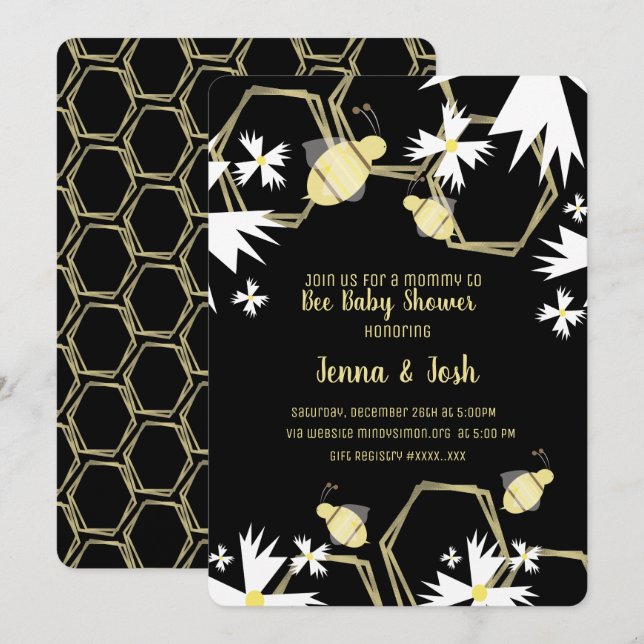 Convites Chá de Bebê Floral Preto e Amarelo Abelha e Margar (Frente/Verso)