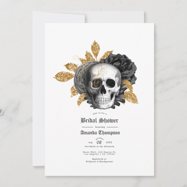 Convites Chá de Bebê Floral Preto e Dourado Crânio Gótico N (Frente)