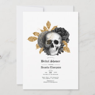 Convites Chá de Bebê Floral Preto e Dourado Crânio Gótico N