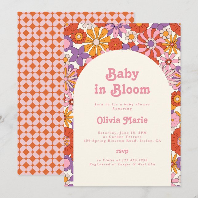 Convites Chá de Bebê Floral Retrô Groovy Baby in Bloom (Frente/Verso)