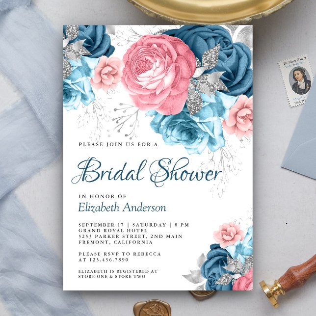 Convites Chá de Bebê Floral Rosa Azul Empoeirado Rústico (Criador carregado)