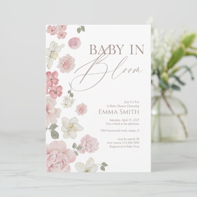 Convites Chá de Bebê Floral Rosa Baby In Bloom (Em pé/Frente)