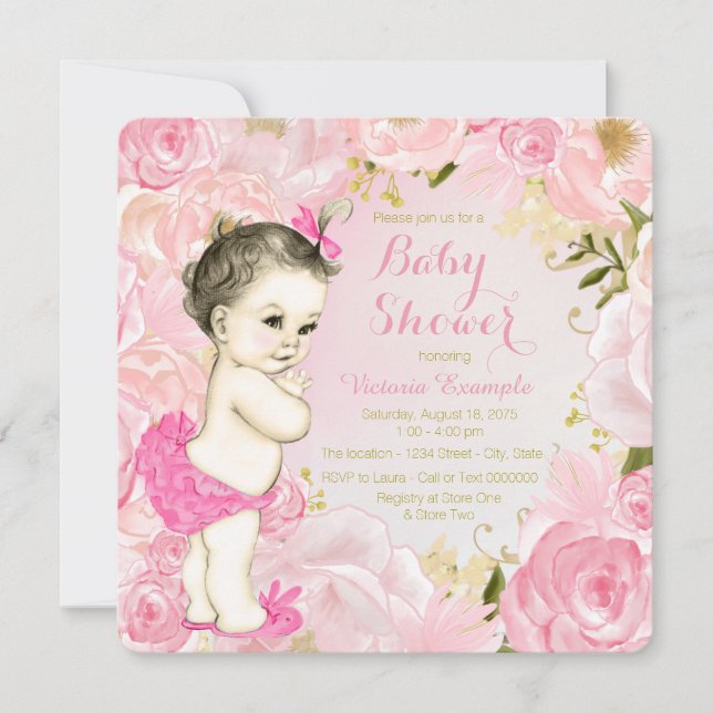 Convites Chá de Bebê Floral Rosa em Aquarela (Frente)