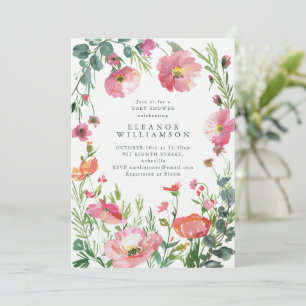 Convites Chá de Bebê Floral Rosa em Aquarela Elegante