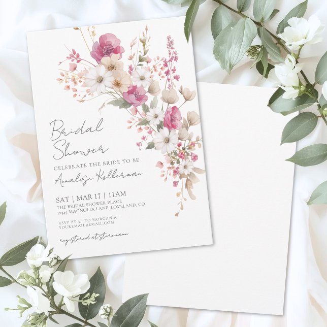 Convites Chá de Bebê Floral Rosa Flor Silvestre (Wildflower Pink Floral Bridal Shower Invitation)