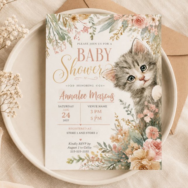 Convites Chá de Bebê Floral Rosa Kitten Blush  (Sweet gray kitten baby shower invitation)