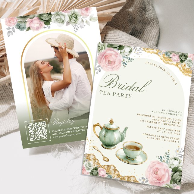 Convites Chá de Bebê Floral Rosa Verde Salvia Festa de Noiv (Criador carregado)