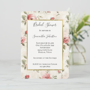 Convites Chá de Bebê Floral Rosas Cor-de-rosa Creme Dourado