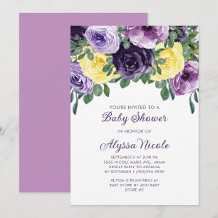 Convites Chá de Bebê Floral Roxo Amarelo Elegante
