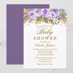 Convites Chá de Bebê Floral Roxo Aquarela Dourado