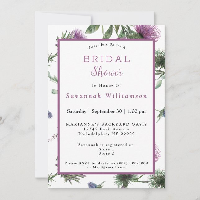 Convites Chá de Bebê Floral Roxo Cardo Aquarela Noivado (Frente)