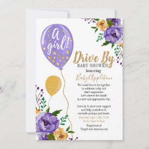 Convites Chá de Bebê Floral Roxo e Dourado Drive By