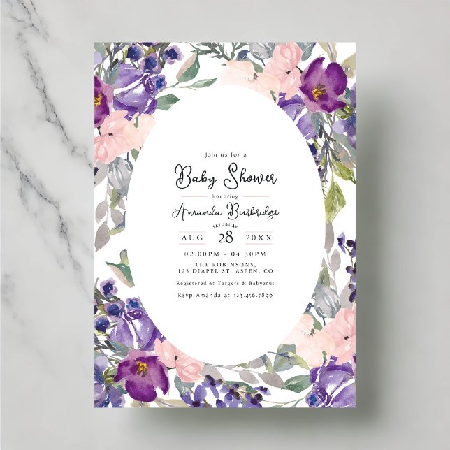Convites Chá de Bebê Floral Roxo e Rosa Elegante (Elegant Purple and Pink Floral Baby Shower Invitation)