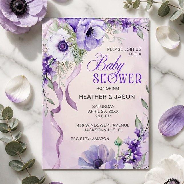 Convites Chá de Bebê Floral Roxo Elegante (Criador carregado)