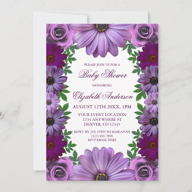 Convites Chá de Bebê Floral Roxo Real (Frente)