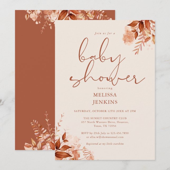 Convites Chá de Bebê Floral Rústico Outono (Frente/Verso)