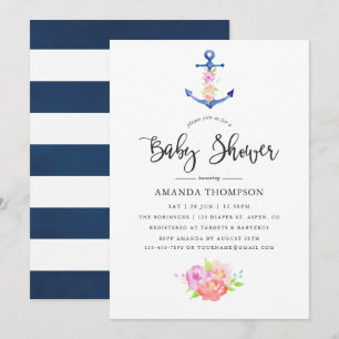 Convites Chá de Bebê Floral Temático Náutico em Aquarela