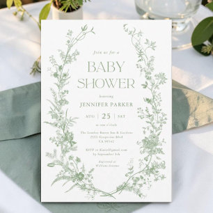 Convites Chá de Bebê Floral Toile Verde Sage