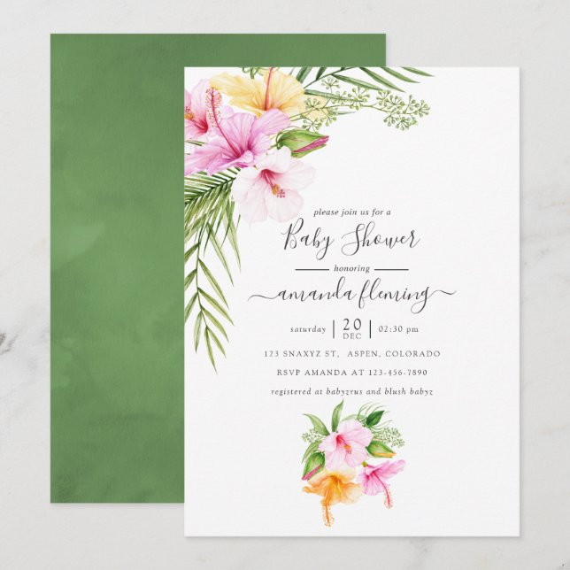 Convites Chá de Bebê Floral Tropical em Aquarela (Frente/Verso)
