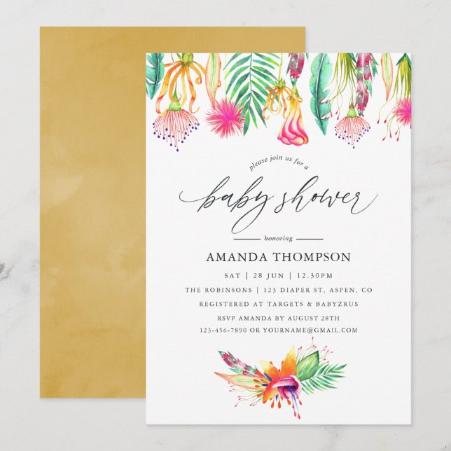 Convites Chá de Bebê Floral Tropical em Aquarela (Frente/Verso)